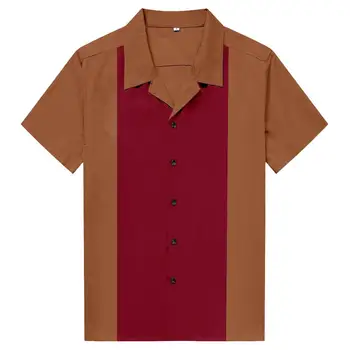 Krátky Rukáv Letné Tričko ST123 50. rokov 60-tych rokov, Vintage Brown Červené Tlačidlo Hore Bowling Tričko Mužov camisas