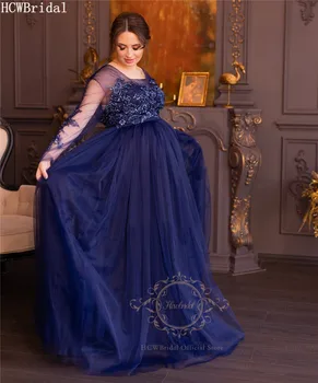 Kráľovská Modrá Plus Veľkosť Tehotné Ženy Večerné Šaty Dlhé Rukávy Vysoký Pás Čipky A Tylu Materskej Šaty Pre Strany Formálne Šaty