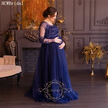 Kráľovská Modrá Plus Veľkosť Tehotné Ženy Večerné Šaty Dlhé Rukávy Vysoký Pás Čipky A Tylu Materskej Šaty Pre Strany Formálne Šaty