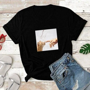 Kuakuayu HJN Ženy Mačka Michelangelo Boží Dotyk Funny T-Shirt Tumblr Retro Štýl Roztomilý Grafiky Tee Meme Tričko Pre Milovníkov Mačiek