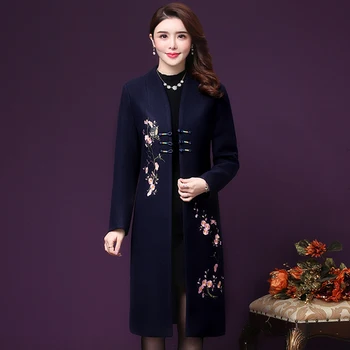 Kvalitné Zimné kórejský Štýl Retro Červeným Vyšívané Ženy Vlnené Kabáty Elegantné Pohodlie Pribrala Ženy Bundy Stredného veku