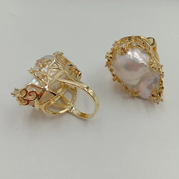 Kvalitné zlaté baroková perla krúžok , SLADKOVODNÁ PERLA KRÚŽOK, veľká baroková perla krúžok .20x30 mm pearl, pokovovanie gold farba
