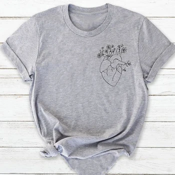Kvetinové Srdce Vrecku Print T Shirt Sivá Anatómie Ženy Tričko Bavlna Grafické Tees Príčinné Krátky Rukáv Estetické Topy Dropshipping