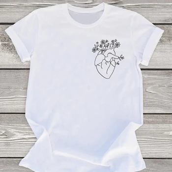 Kvetinové Srdce Vrecku Print T Shirt Sivá Anatómie Ženy Tričko Bavlna Grafické Tees Príčinné Krátky Rukáv Estetické Topy Dropshipping