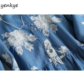 Kvetinové Výšivky Džínsové Šaty Žien Klope Golier Polovičný Rukáv Bežné Šaty Vintage Blue A-Line Letné Šaty Krátke Tunika