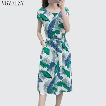 Kvetinový bavlnené šaty žena lete roku 2019 nové Tlač voľné plus veľkosť šaty bavlna, krátky rukáv, Plážové oblečenie žien Vestidos