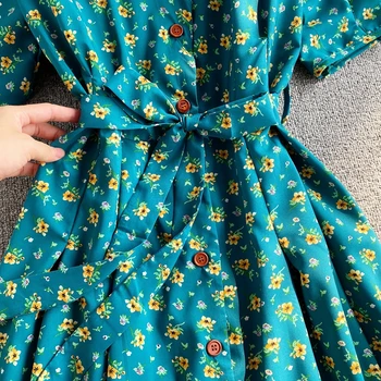 Kvetinový Midi Šaty Žena V Krku Letné Šaty Elegantné Zelená Vintage Dlhé Šaty Pre Ženy Strany Tlačidlo Up Oblečenie 2021 Oblečenie