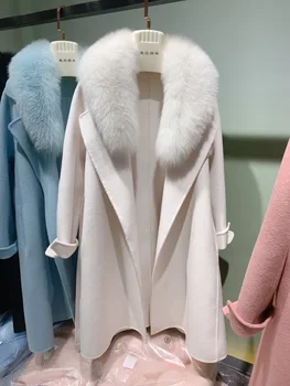 Kórea style plus veľkosť voľné cashmere kabát pre ženy obojstranné vlna zmes kabáty s prírodnými fox kožušiny golier cadigan