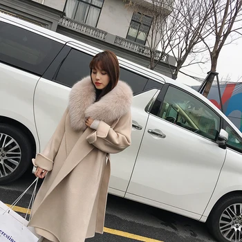 Kórea style plus veľkosť voľné cashmere kabát pre ženy obojstranné vlna zmes kabáty s prírodnými fox kožušiny golier cadigan