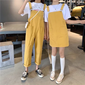 Kórejské ženy džínsové nohavice jednofarebné nohavice, sukne, čierne a žlté škole štýl módy kombinézach, Ulzzang jeseň džínsy