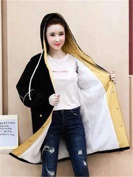 Kórejské Ženy Zákopy Srsti Módne bežné Kapucňou Windbreaker Tlač Singel svojim Ľahký Plášť vrchné oblečenie Žena Plus veľkosť