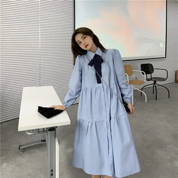 Kórejský dlho lístkového rukáv šaty Preppy Štýl leto, jeseň luk modrá biele tričko šaty streetwear voľné Skladaný šaty vestidos