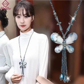 Kórejský Elegantný Crystal Prívesok Motýľ Dlhý Strapec Náhrdelník Ženy Móda Joker Korálky Strand Sveter Reťazca 2019 Nové Šperky