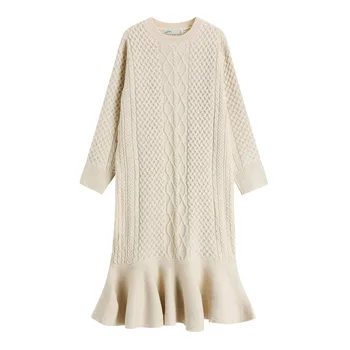 Kórejský elegantný zimný sveter dlhé šaty jeden kus vintage krútiť okolo krku prehrabať vestido roztomilý pulóver ženy maxi pletené šaty