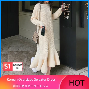 Kórejský elegantný zimný sveter dlhé šaty jeden kus vintage krútiť okolo krku prehrabať vestido roztomilý pulóver ženy maxi pletené šaty