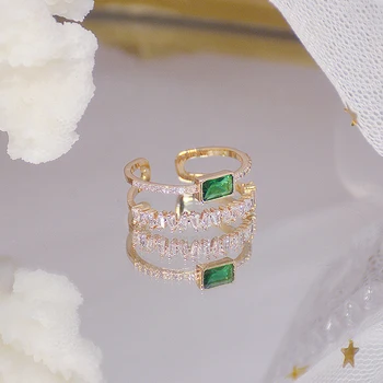 Kórejský horúce módne šperky 14K skutočné zlato elektrolyticky pokrývajú medi vykladané zirkón krúžok dvojité zelená námestí crystal ženy otvoriť krúžok