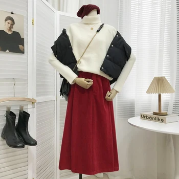 Kórejský Japonský menčester nad kolená sukne ženy zime jar bežné vinatge A-Line sukne Pevné mid-dĺžku sukne dáždnik