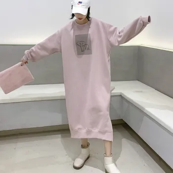 Kórejský Mikina Šaty Žien Bežné Štrbinou Dlhé Rovné Šaty Voľné O-Krk Dlhý Rukáv Tlač Ružové Oblečenie Pani Jeseň Zima