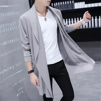 Kórejský Mužov Mid-dlhé Štýl Výkopu Windbreaker Ultra Tenké Veľký Výstrih Módne Slim Outwear Plášť opaľovací Krém&Vetru Kabát