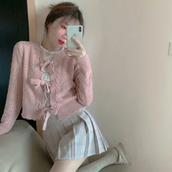 Kórejský móda čipky motýlik svetre kawaii ženy cardigan sveter mujer sueteres