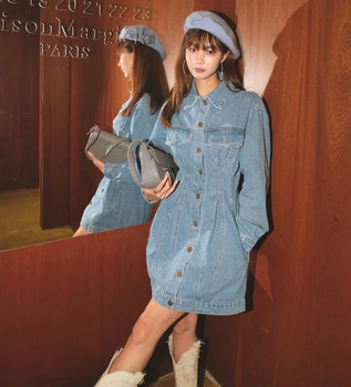 Kórejský Módne Harajuku Blue Denim Šaty 2021Spring Jeseň Bežné Dlhý Rukáv Šaty Pre Ženy, Vintage Oblečenie, Šaty Club