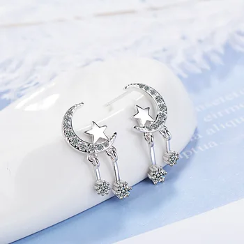 Kórejský Módne Moon Star Vyhlásenie Náušnice Rýdzeho Striebra 925 Šperky Cubic Zirconia Drop Náušnice pre Ženy, Dievčatá Príslušenstvo