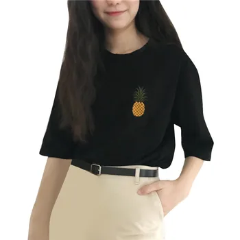 Kórejský Módne T-shirts Oblečenie Žien, Nadrozmerné Ananás Výšivky Vtipné Tričká Polovičný Rukáv O-krku Voľné Topy
