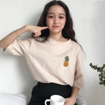 Kórejský Módne T-shirts Oblečenie Žien, Nadrozmerné Ananás Výšivky Vtipné Tričká Polovičný Rukáv O-krku Voľné Topy