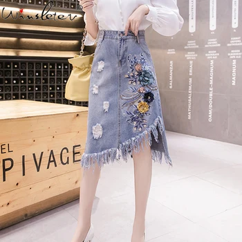 Kórejský Nepravidelný Lady Sukne Ženy Strapec Vysoký Pás A-line Midi Sukne, Elegantné Denim Ženy Otvory Sukne s Elegantné Kvety B03221B
