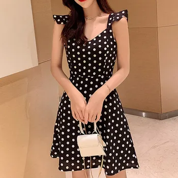 Kórejský Pásik Biela Čierna Polka Dot Bežné Šaty Žien Elegantné Módne Backless Sexy Šaty 2019 Vysoký Pás Party Šaty Pláže