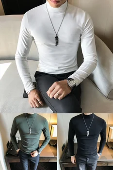 Kórejský T Shirt Muži Móda Jeseň 2020 Zime Tuhé Natiahnuté Turtleneck Dlhý Rukáv Slim Fit Teplé Tee Tričko Homme Streetwear