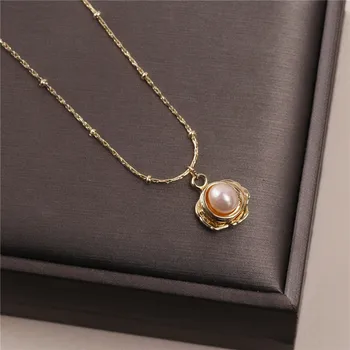 Kórejský Vintage Prírodné Perlový Náhrdelník Prívesok pre Ženy Móda Nové Zlaté Reťaze Clavicle Reťazca Ženské Šperky Výročie Darček