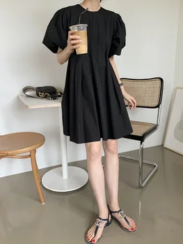 Kórejský Vintage Šaty Žien Oblečenie, Streetwear O-Krku Slim Lístkového Rukáv Mini Šaty Módne Bavlnená Posteľná Bielizeň Party Šaty Vestidos
