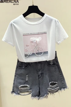 Kórejský Vogue Fashion Design Print T Shirt Ženy Roztomilý Letné Krátke Bavlna Ružová, Biela Žena Tričko TOP Harajuku Korálkové Bežné Tees