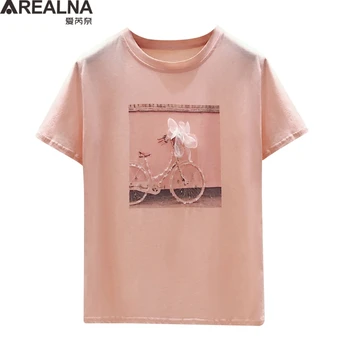 Kórejský Vogue Fashion Design Print T Shirt Ženy Roztomilý Letné Krátke Bavlna Ružová, Biela Žena Tričko TOP Harajuku Korálkové Bežné Tees