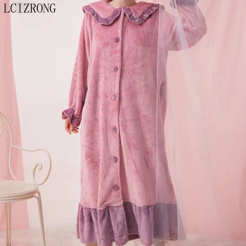 Kórejský Zime Jar Coral Fleece Ženy Sleepwear Šaty Módne Voľné Tlačidlo Noc Šaty Teplé Dievča Midi Domáce Oblečenie