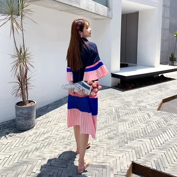 Kórejský Štýl Dlhé Tričko Šaty Žien Lete Roku 2020 Nadrozmerná Office Lady Tlačidlá Patchwork Farby Blok Skladaný Hem a Svetlice Rukáv