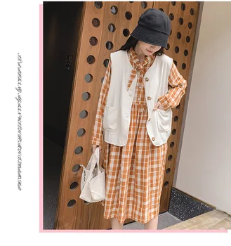 Kórejský štýl jeseň vesta bez rukávov+dlhým rukávom kockované šaty, obleky set pre dievčatá a ženy, rodič-dieťa oblečenie