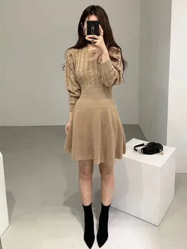 Kórejský Štýl, Ktorý-Line Krátke Šaty Pre Ženy Zimné Fahion Retro Corest Rebrovania Twist Pletené Šaty Jeseň 2020 Oblečenie Čierna Khaki