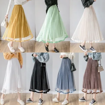 Kórejský Štýl spojov velvet skladaný Lady stredná dĺžka sukne maxi sukne tylu sukne perlinkové tkaniny sukne Zelená Čierna Žltá biela Sukňa