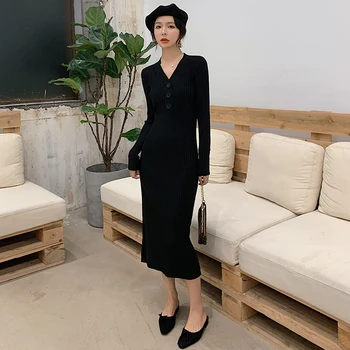 Kórejský Štýl tvaru Plášť Šaty Žena 2019 Jeseň Novej jednotke Dlhým rukávom Vysoký Pás Tenký Úplet Nad kolená dámske Šaty
