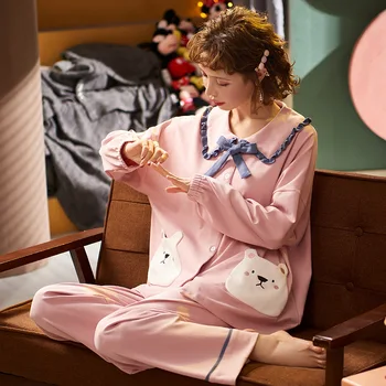 Kórejský Štýl Ženy Sleepwear Bavlnené Pyžamo Set Roztomilé Študentov Spanie Nosiť Dlhé Rukávy Odev Domov Plus Veľkosť Oblečenie