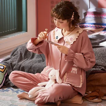 Kórejský Štýl Ženy Sleepwear Bavlnené Pyžamo Set Roztomilé Študentov Spanie Nosiť Dlhé Rukávy Odev Domov Plus Veľkosť Oblečenie