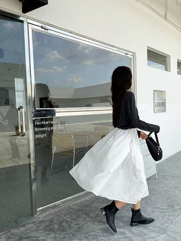 Kórejský štýl žien dlhá sukňa faldas sukne vintage midi faldas coreanas jupe longue femme saias larga jupe taille haute biela