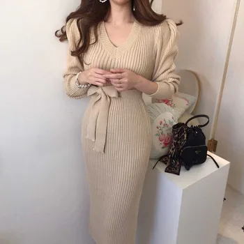 Kórejský Žena dvojdielne Šaty francúzske Módne Pletené Svetre 2020 Jeseň Zima Nové Žien Knitt Šaty Midi Šaty Žena