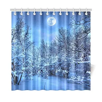 Kúpeľňa Decor Sprchový Záves Zimné Full Moon Nočné Scenérie Sneh Scén Domov Opona Stanovuje s Háčikmi Polyester Textílie Veľký