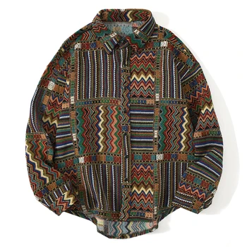 LACIBLE Vintage Farebný Blok Tričko Mužov Harajuku Geometrické Dlhý Rukáv Košele Národnej Štýl Streetwear Bavlnené Tričko Muž Top