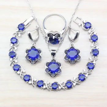 Lacné 4PCS Ženy Šperky Sady Strieborná Farba Modrá Cubic Zirconia Náušnice Prívesok, Náramok, Náhrdelník Krúžok Dar JS63