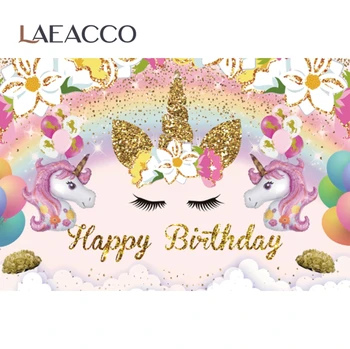 Laeacco Happy Birthday Jednorožec Strany Rainbow Balóny Kvet Zlaté Bodky Dieťa Dieťa Banner Foto Pozadie Fotografie Pozadie