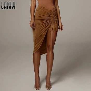 LAISIYI 2020 Vysoký Pás Ruched Obväz Sexi Asymetrické Sukne Jeseň Zima Ženy Móda Streetwear Oblečenie Nepravidelný Dna